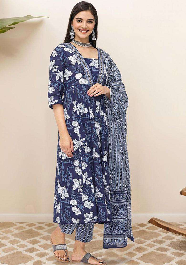 Navy Blue Printed Cotton Kurta Set - Indya