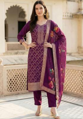 Purple Woven Design Silk Blend Kurta Set
