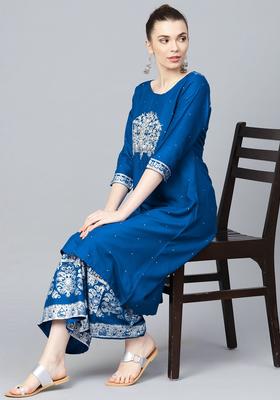 Blue Printed Viscose Kurta Set