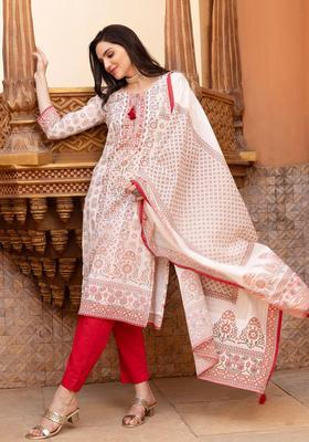 Cream Printed Cotton Kurta Set
