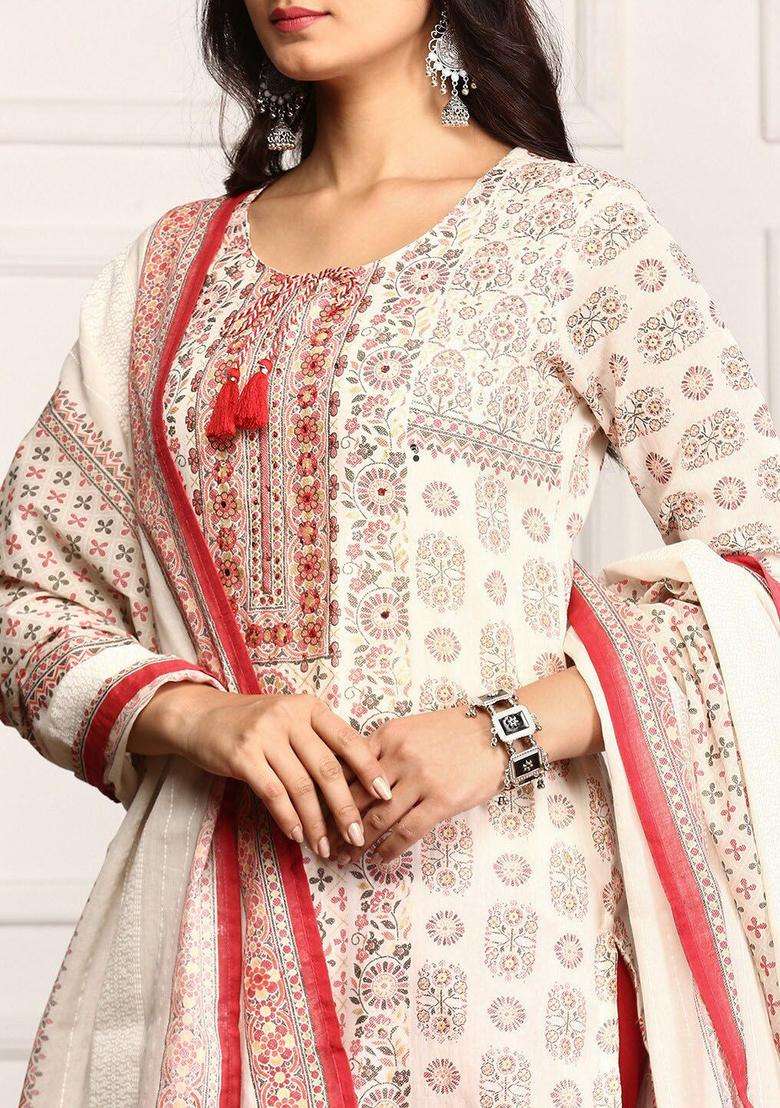 Cream Printed Cotton Kurta Set - Indya