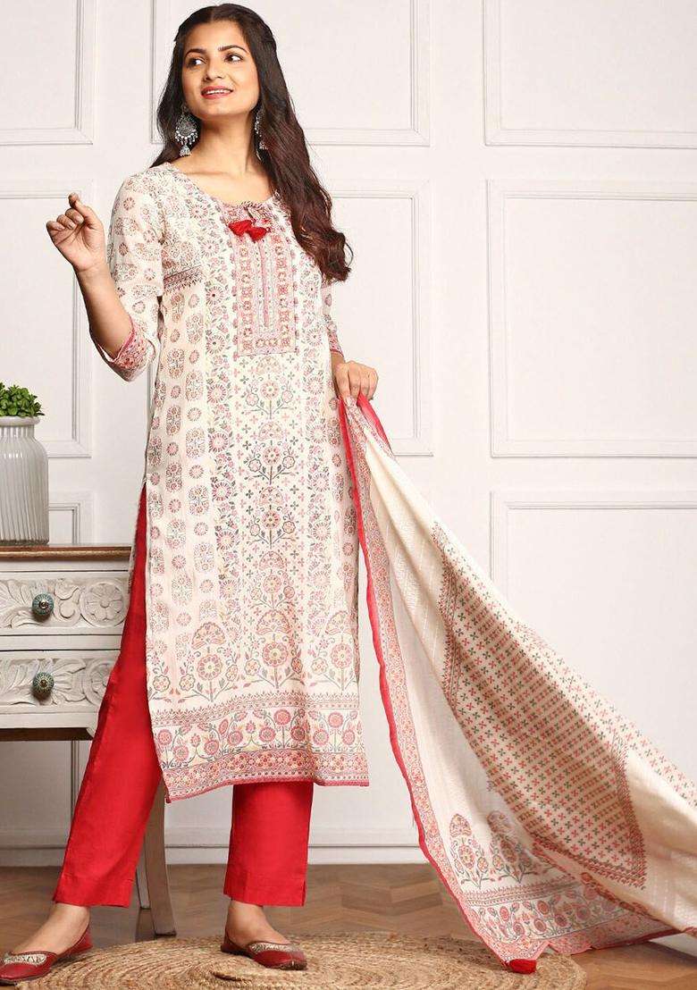 Cream Printed Cotton Kurta Set - Indya
