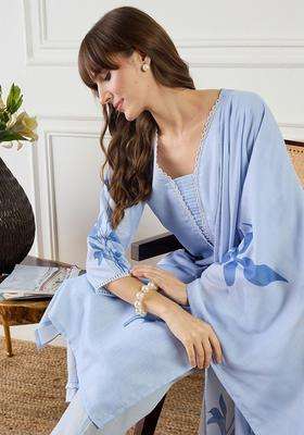 Blue Printed Linen Kurta Set