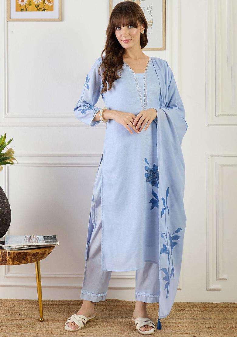 Blue Printed Linen Kurta Set - Indya