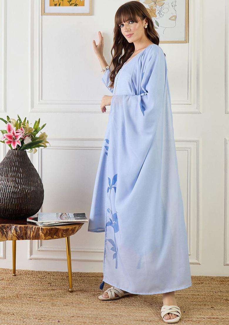 Blue Printed Linen Kurta Set - Indya