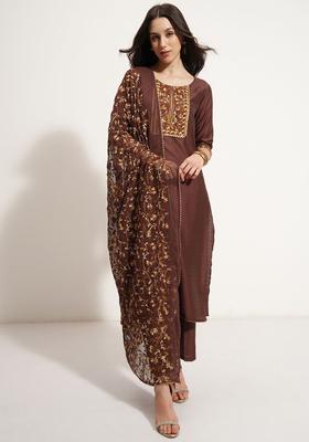 Coffee Brown Embroidered Nylon Kurta Set