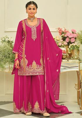Pink Embroidered Chinon Kurta Set