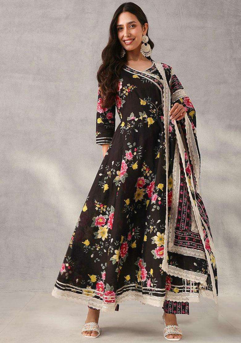 Black Printed Cotton Anarkali Set - Indya