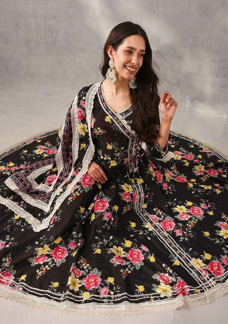 Black Printed Cotton Anarkali Set - Indya