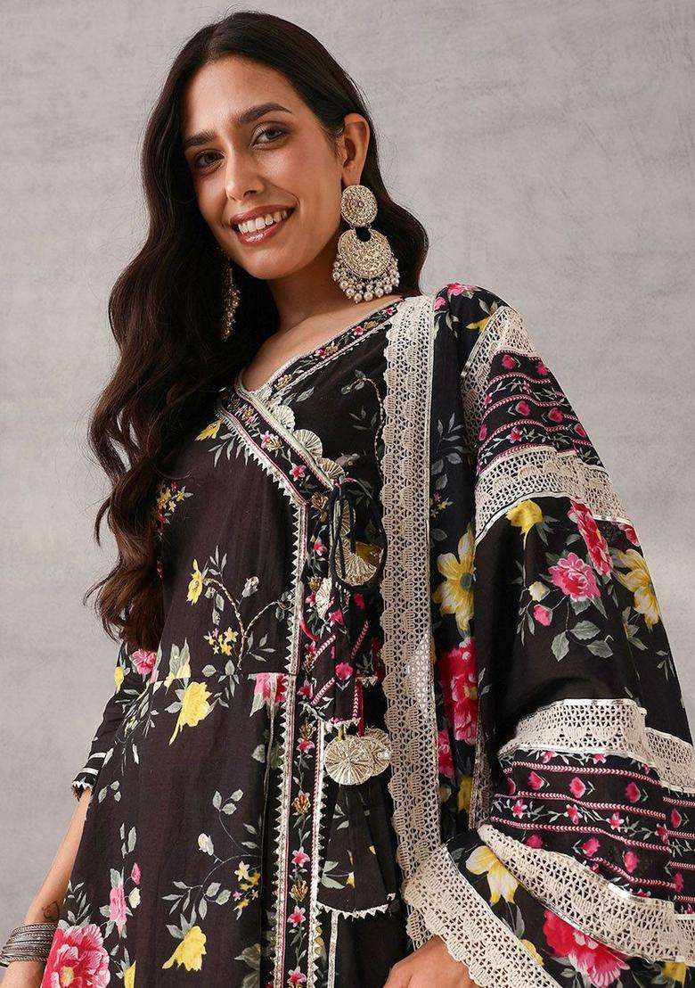 Black Printed Cotton Anarkali Set - Indya