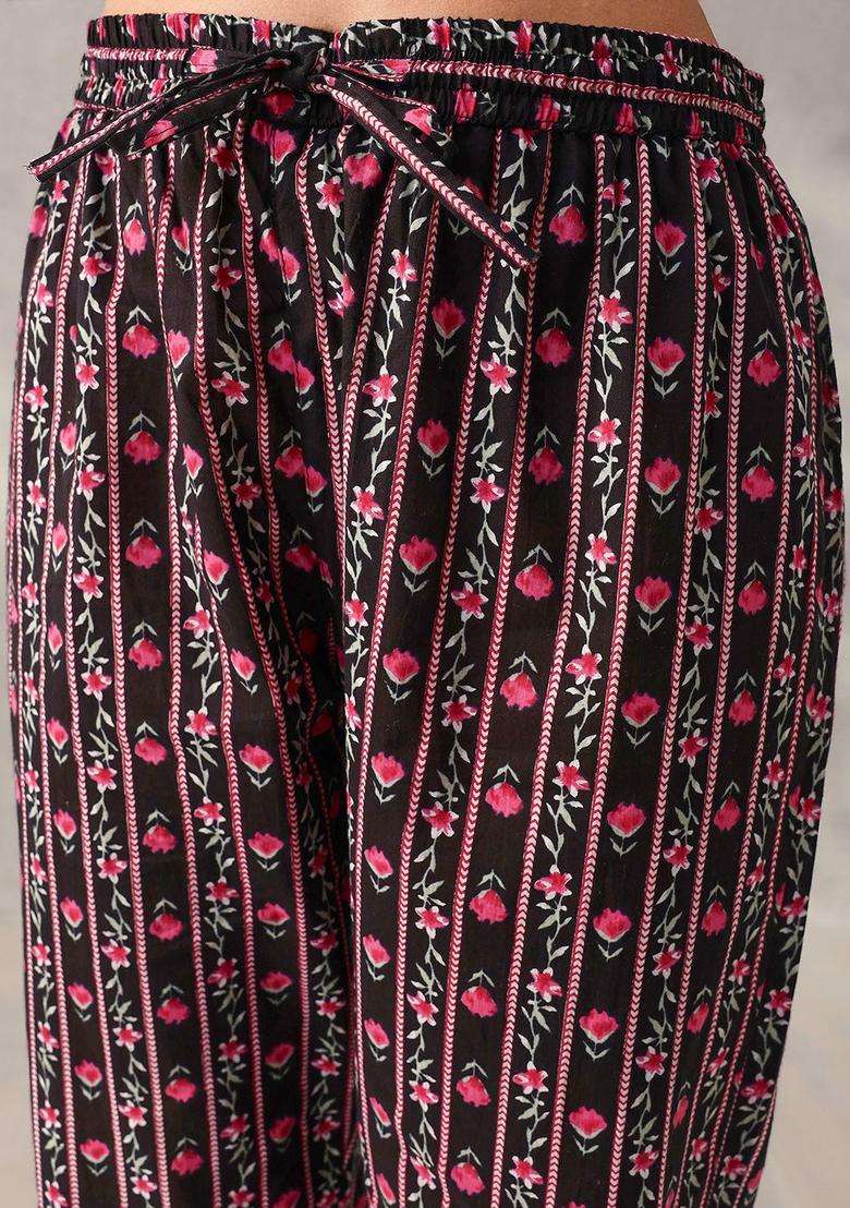 Black Printed Cotton Anarkali Set - Indya
