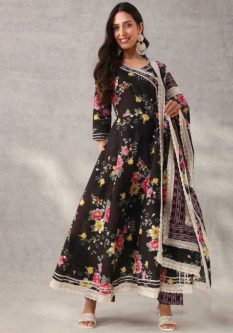 Black Printed Cotton Anarkali Set — view on Indya
