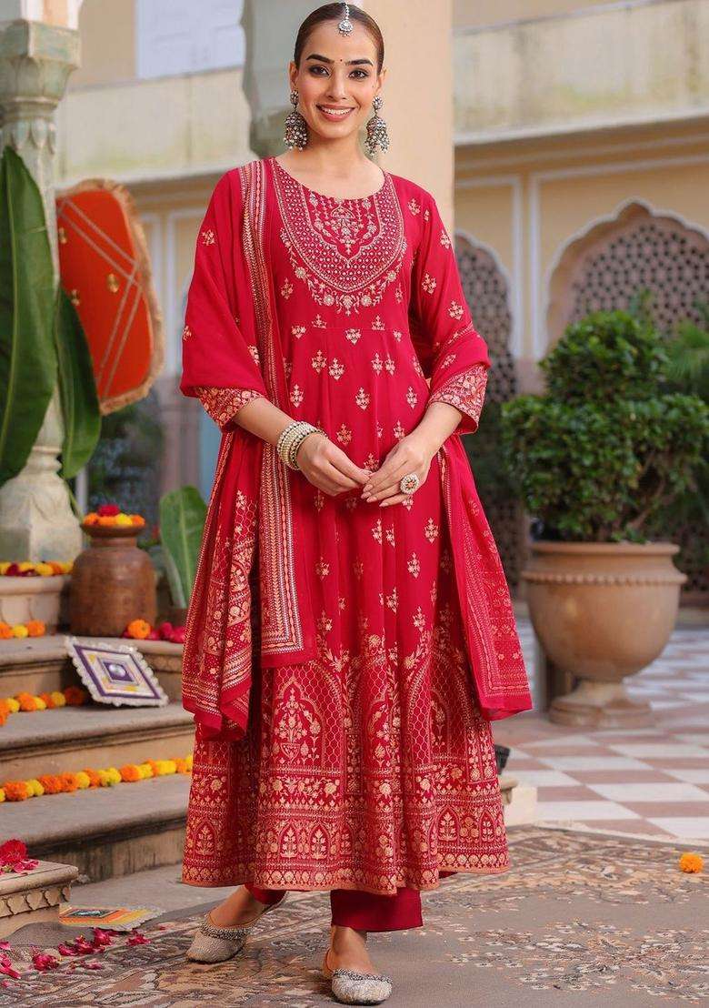 Pink Printed Georgette Kurta Set - Indya