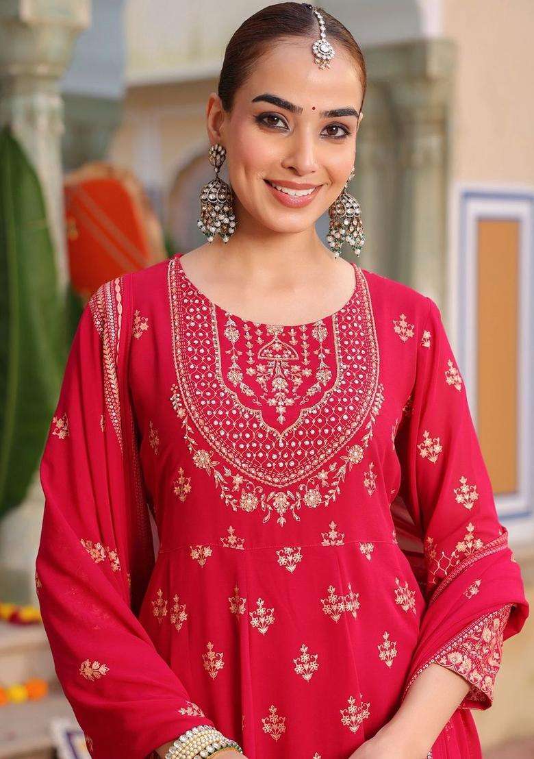 Pink Printed Georgette Kurta Set - Indya