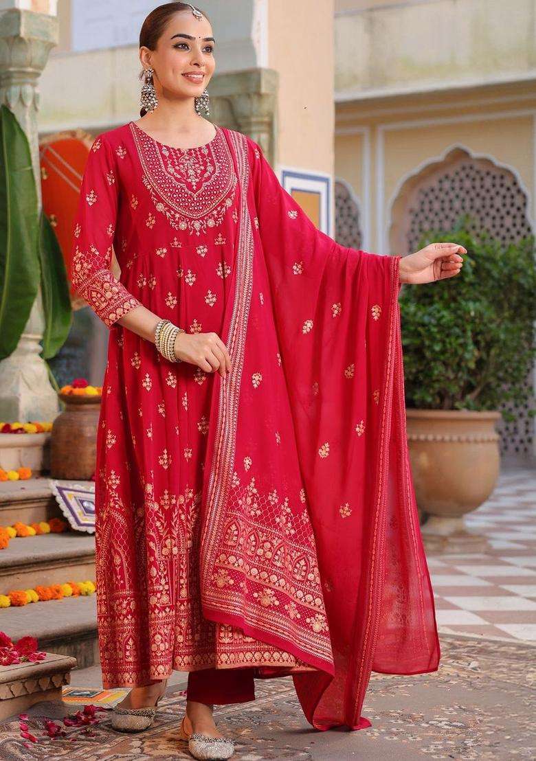 Pink Printed Georgette Kurta Set - Indya