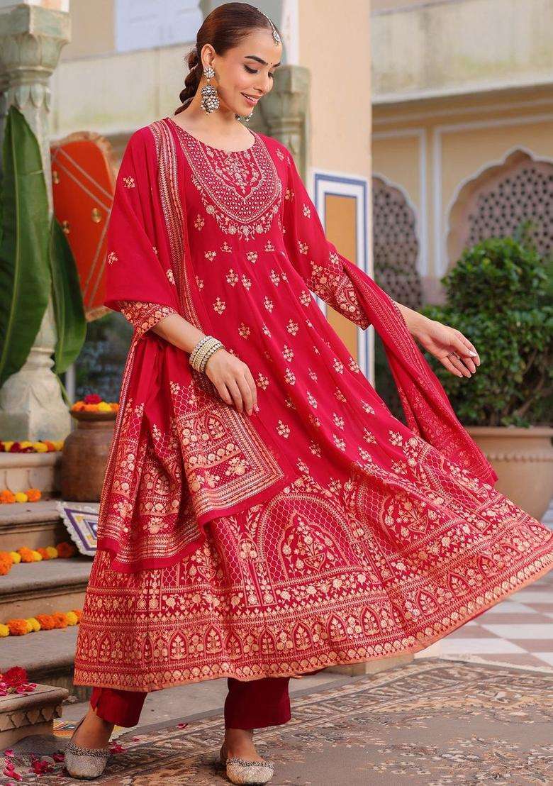 Pink Printed Georgette Kurta Set - Indya