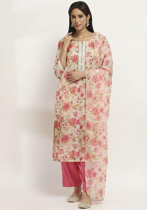 Beige Printed Polyester Kurta Set — view on Indya
