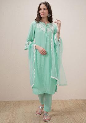Sea Green Embroidered Cotton Kurta Set