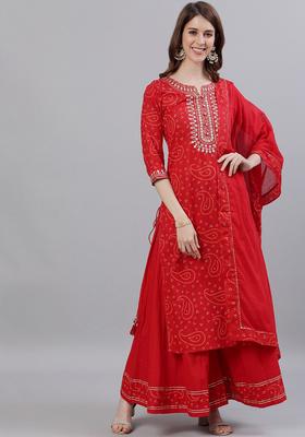 Red Embroidered Cotton Kurta Set