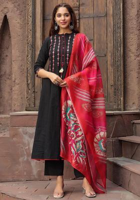 Black Yoke Design Cotton Kurta Set