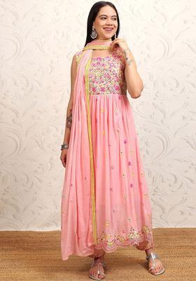 Pink Embroidered Cotton Anarkali Set
