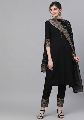 Black Solid Viscose Kurta Set