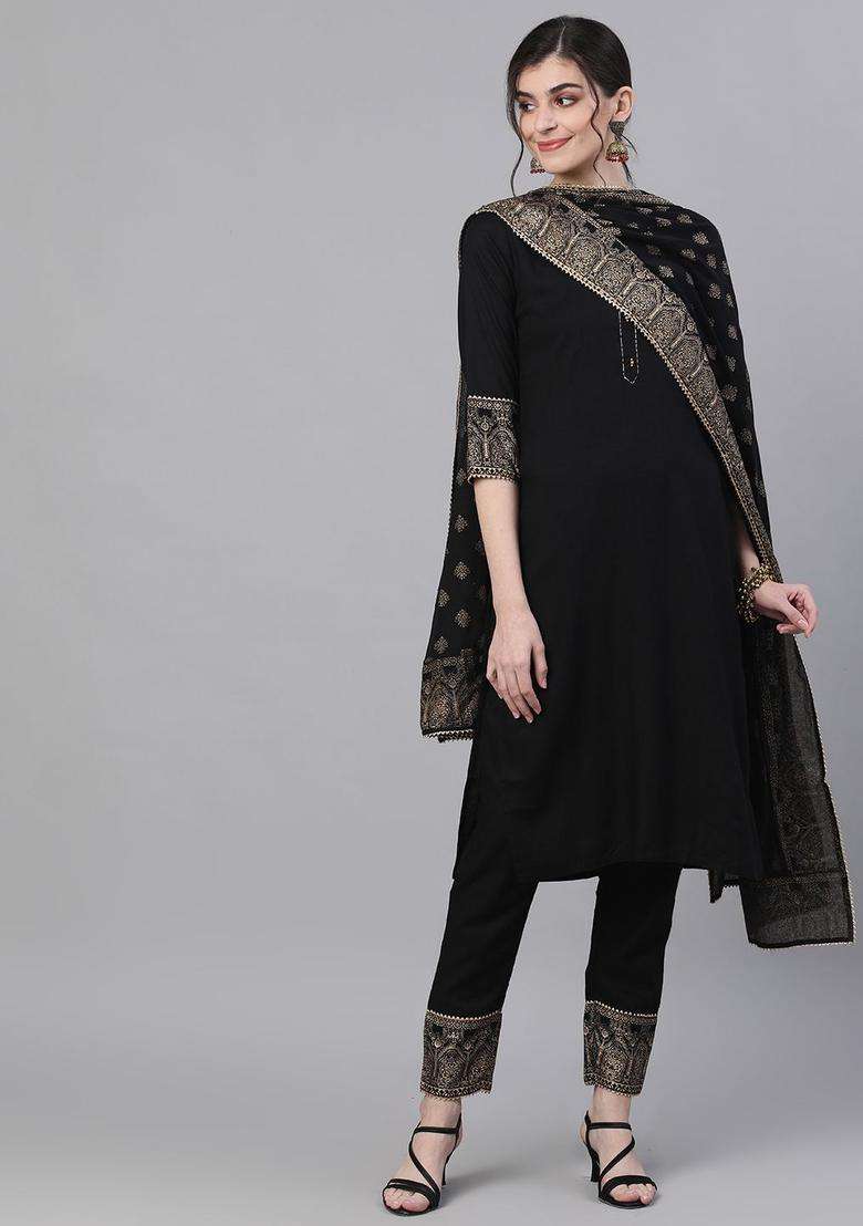 Black Solid Viscose Kurta Set - Indya