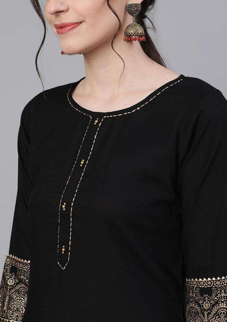 Black Solid Viscose Kurta Set - Indya
