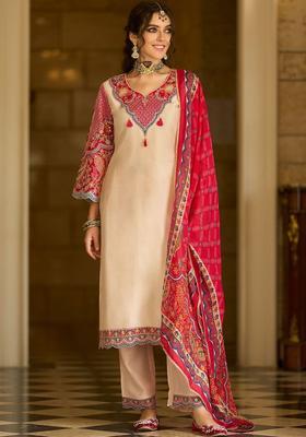 Beige Printed Silk Blend Kurta Set