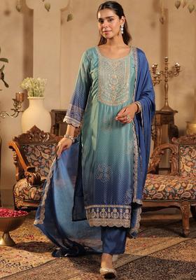 Sea Green Printed Silk Kurta Set