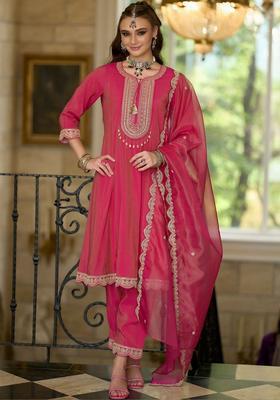 Fuchsia Embroidered Silk Kurta Set