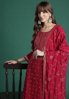 Maroon Woven Design Silk Blend Kurta Set