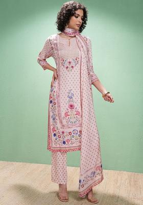 Beige Printed Viscose Kurta Set