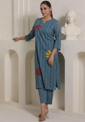 Blue Self Design Viscose Kurta Set