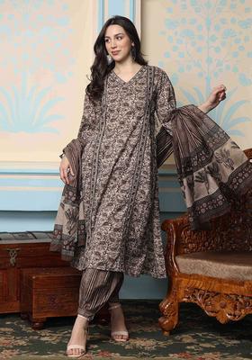 Brown Printed Cotton Kurta Set