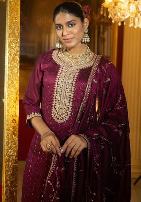 Burgundy Embroidered Silk Blend Kurta Set
