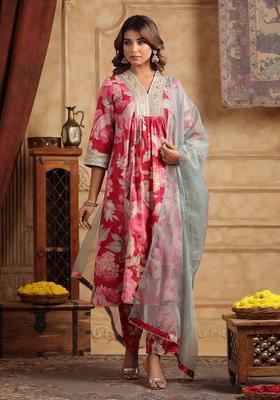 Pink Printed Cotton Anarkali Set