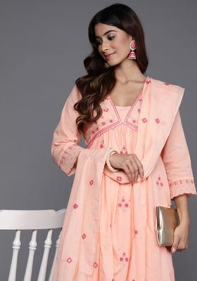 Peach Embroidered Cotton Kurta Set