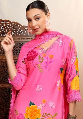 Pink Printed Viscose Kurta Set