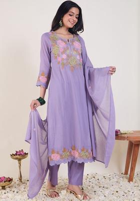 Lavender Embroidered Cotton Kurta Set