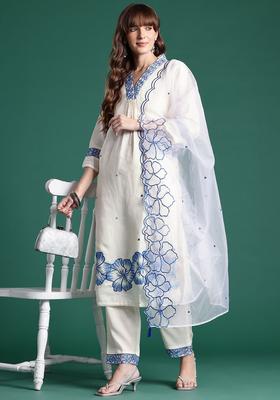 Off White Embroidered Silk Blend Kurta Set