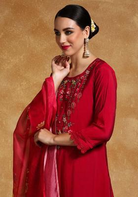 Red Yoke Design Silk Blend Kurta Set