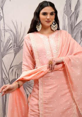 Orange Embroidered Cotton Kurta Set