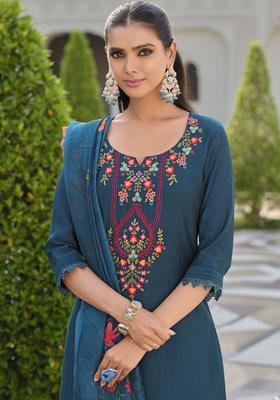 Teal Yoke Design Silk Blend Kurta Set