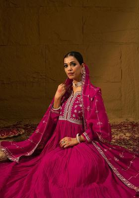 Magenta Embroidered Silk Kurta Set