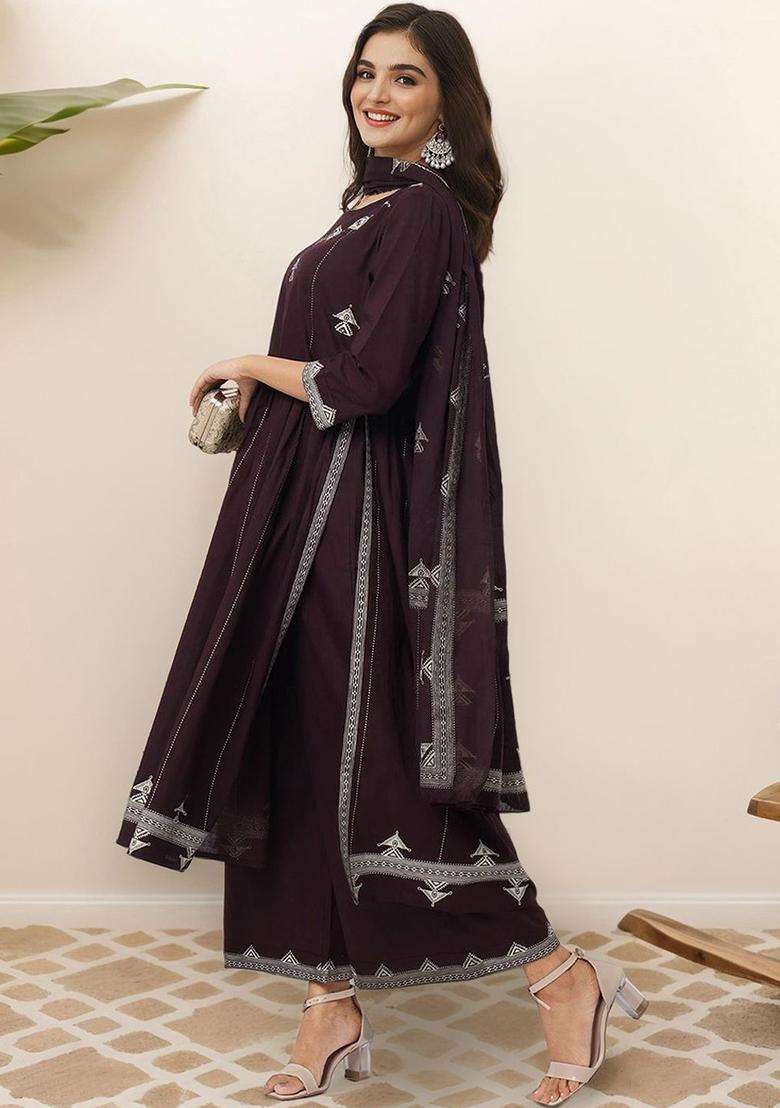 Brown Printed Cotton Kurta Set - Indya