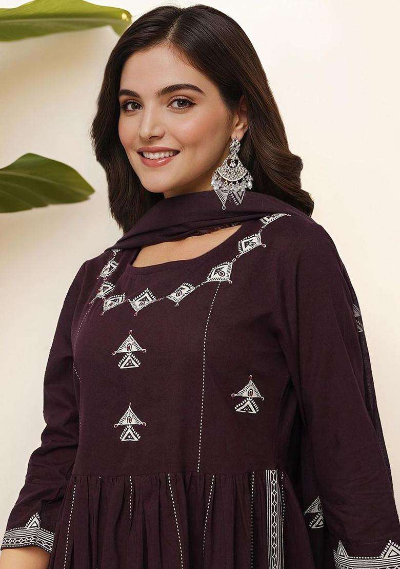 Brown Printed Cotton Kurta Set - Indya
