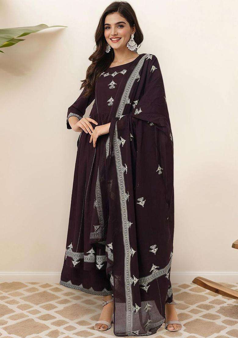 Brown Printed Cotton Kurta Set - Indya