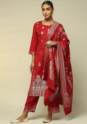 Red Woven Design Polyester Kurta Set