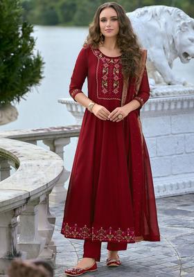 Red Embroidered Silk Blend Anarkali Set